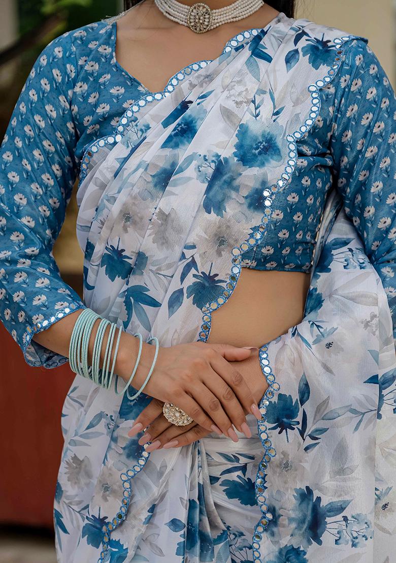 White Mirror Work Silk Saree Set - Indya