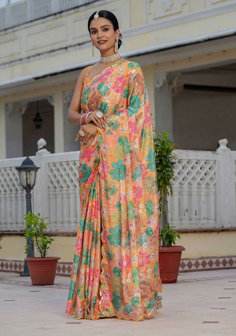 Orange Chinon Blend Saree Set with Mirror Work for Diwali | Wedding & Festive Wear - Indya