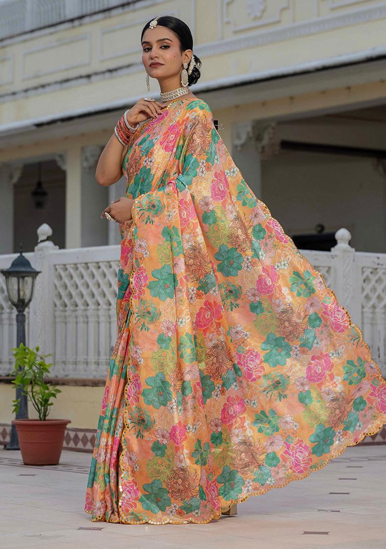 Orange Mirror Work Silk Saree Set - Indya