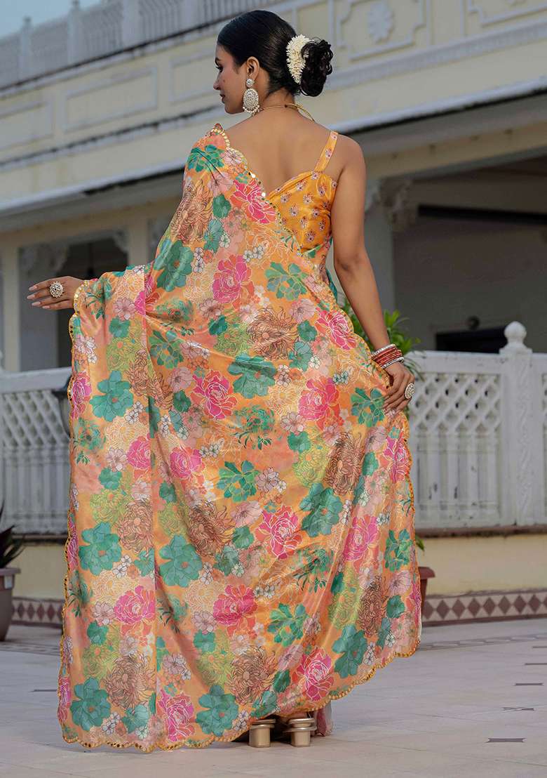 Orange Chinon Blend Saree Set with Mirror Work for Diwali | Wedding & Festive Wear - Indya
