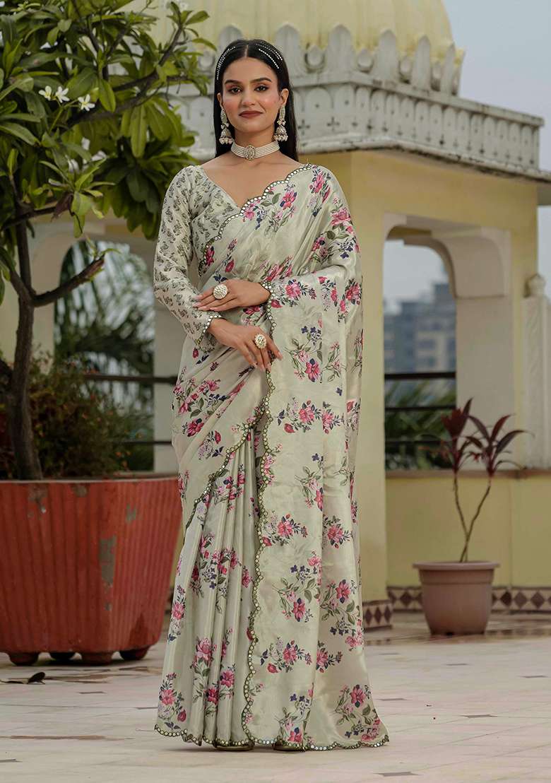 Light Green Chinon Blend Saree Set with Mirror Work for Diwali | Wedding & Festive Wear - Indya