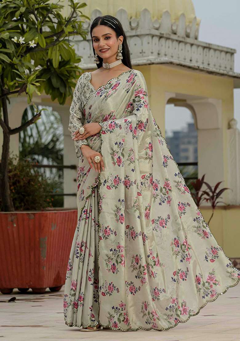 Light Green Chinon Blend Saree Set with Mirror Work for Diwali | Wedding & Festive Wear - Indya
