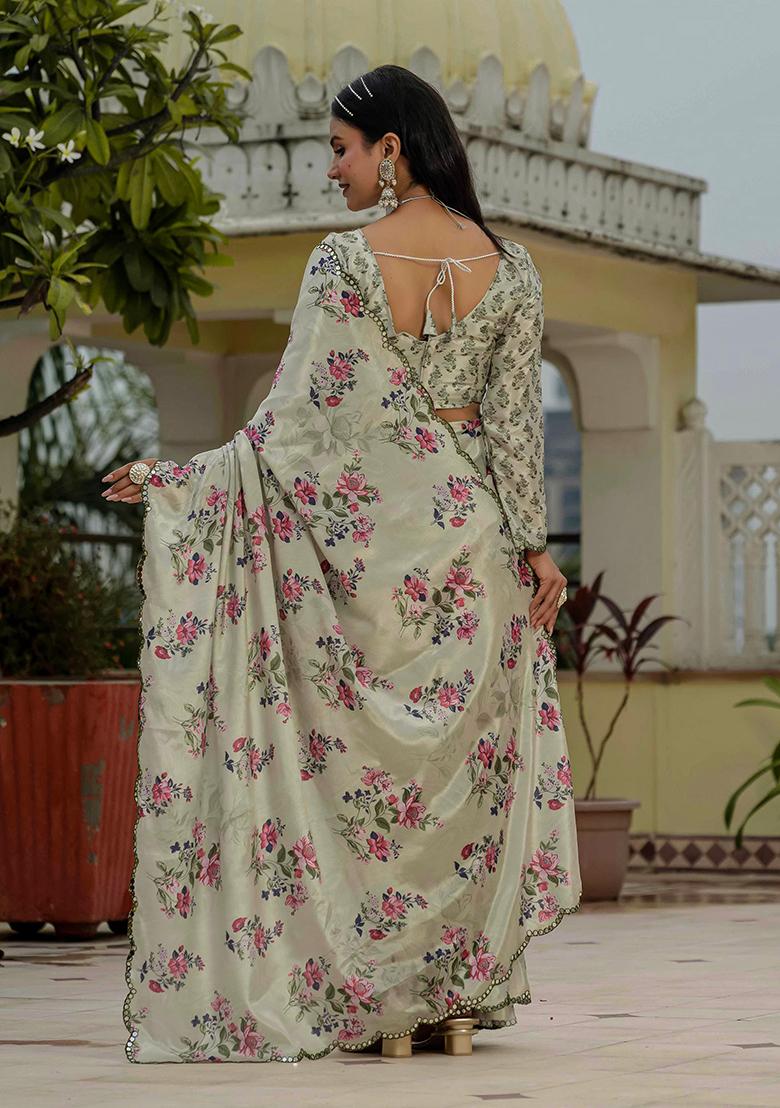 Light Green Mirror Work Silk Saree Set - Indya