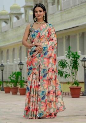 Green Mirror Work Silk Saree Set