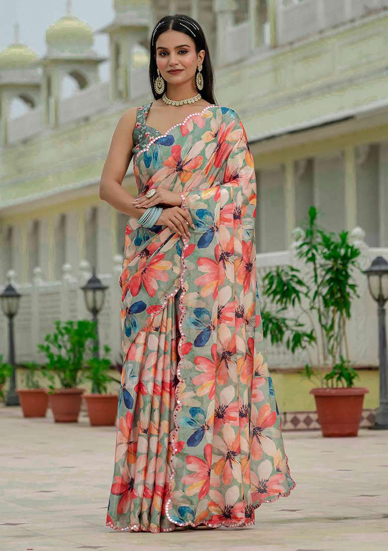 Green Chinon Blend Saree Set with Mirror Work for Diwali | Wedding & Festive Wear - Indya