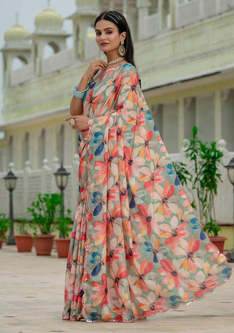 Green Mirror Work Silk Saree Set - Indya