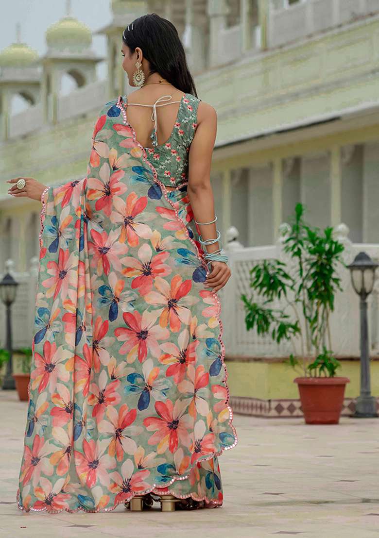 Green Chinon Blend Saree Set with Mirror Work for Diwali | Wedding & Festive Wear - Indya