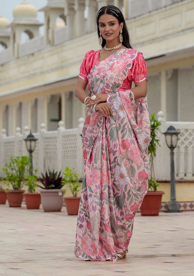 Baby Pink Mirror Work Chinon Blend Saree Set for Diwali and Festive Wear - Indya