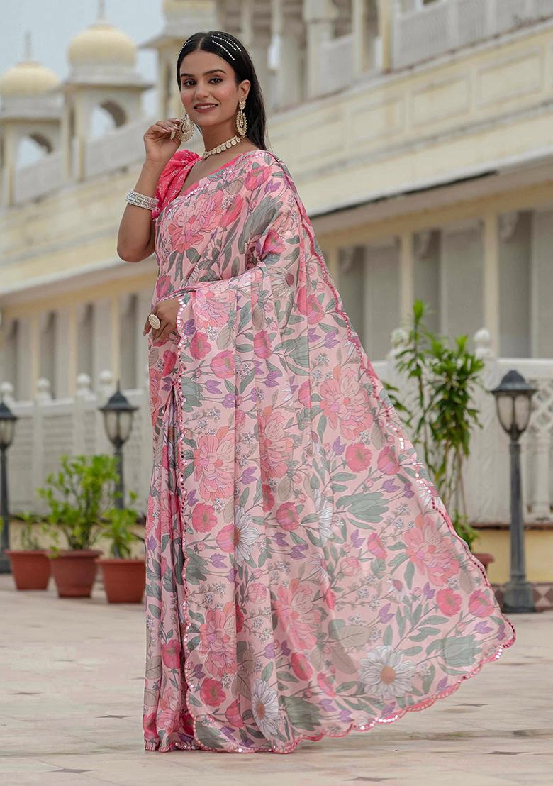 Baby Pink Mirror Work Silk Saree Set - Indya