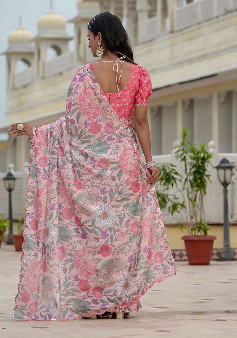 Baby Pink Mirror Work Chinon Blend Saree Set for Diwali and Festive Wear - Indya