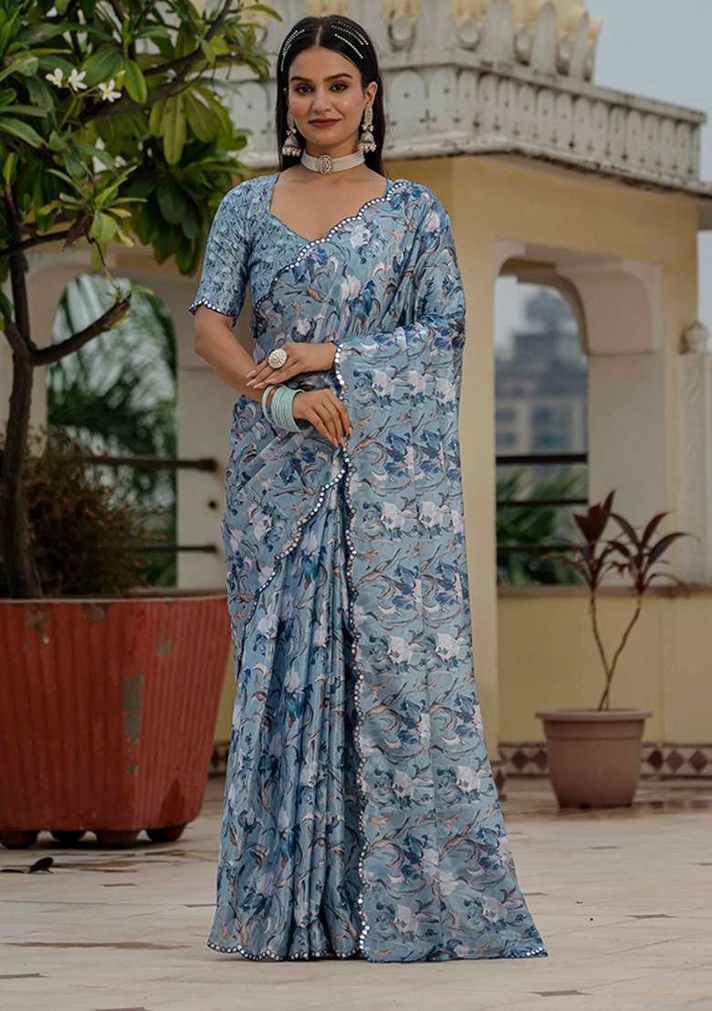 Grey Mirror Work Chinon Blend Saree Set for Diwali and Festive Wear - Indya