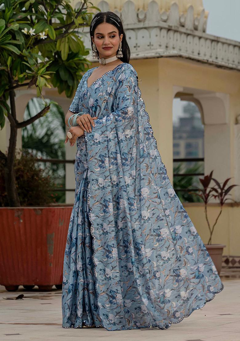 Grey Mirror Work Silk Saree Set - Indya