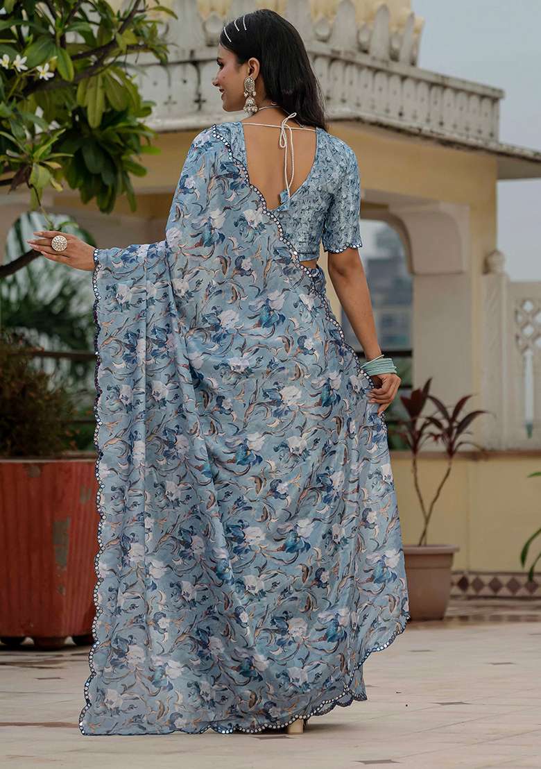 Grey Mirror Work Chinon Blend Saree Set for Diwali and Festive Wear - Indya