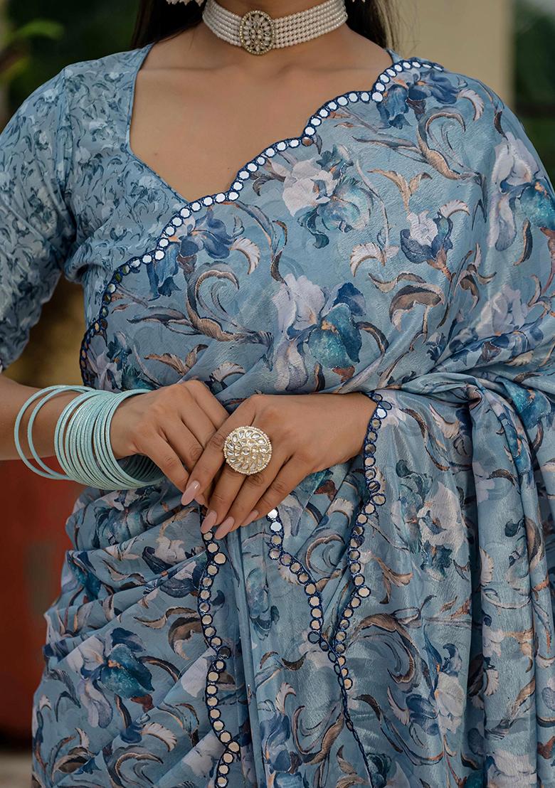 Grey Mirror Work Silk Saree Set - Indya