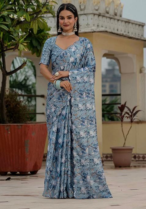 Grey Mirror Work Silk Saree Set