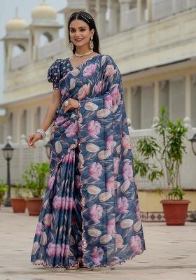Navy Blue Mirror Work Silk Saree Set