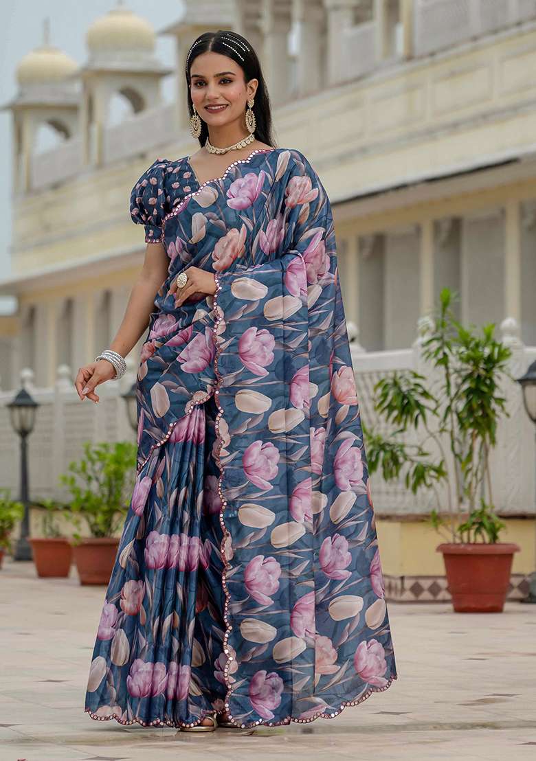 Navy Blue Mirror Work Chinon Blend Saree Set for Diwali and Festive Wear - Indya