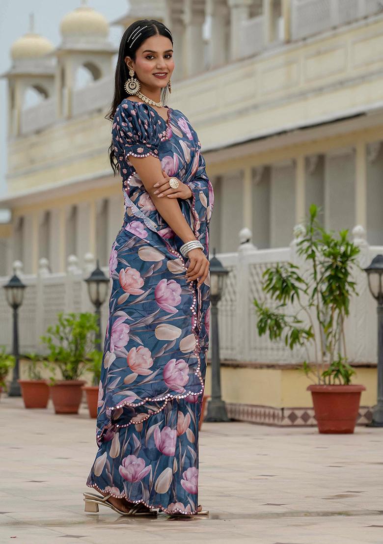 Navy Blue Mirror Work Silk Saree Set - Indya