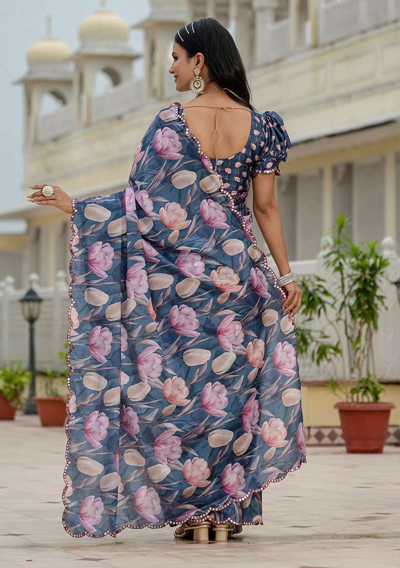 Navy Blue Mirror Work Chinon Blend Saree Set for Diwali and Festive Wear - Indya
