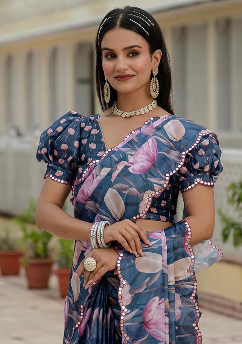 Navy Blue Mirror Work Silk Saree Set - Indya