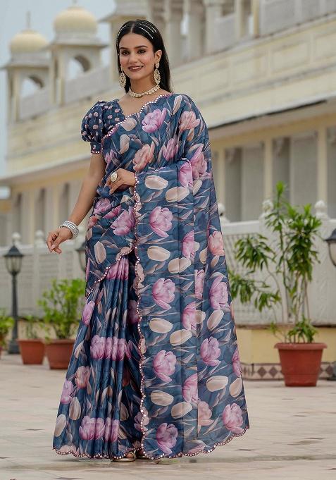 Navy Blue Mirror Work Silk Saree Set