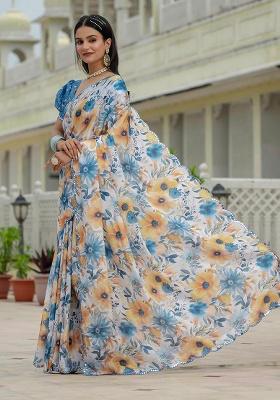 White And Blue Mirror Work Silk Saree Set