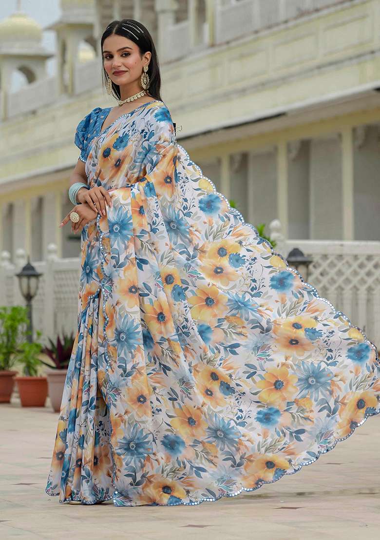 White And Blue Mirror Work Chinon Blend Saree Set for Diwali and Festive Wear - Indya