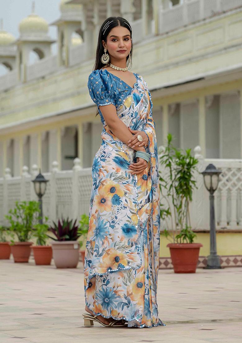 White And Blue Mirror Work Silk Saree Set - Indya