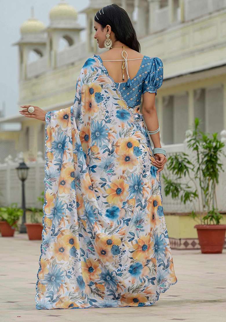 White And Blue Mirror Work Chinon Blend Saree Set for Diwali and Festive Wear - Indya