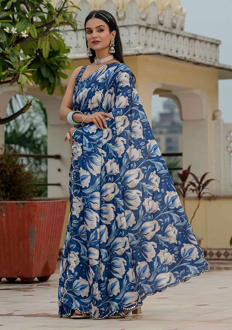 Navy Blue And Beige Chinon Blend Saree Set with Mirror Work for Diwali | Wedding & Festive Wear - Indya