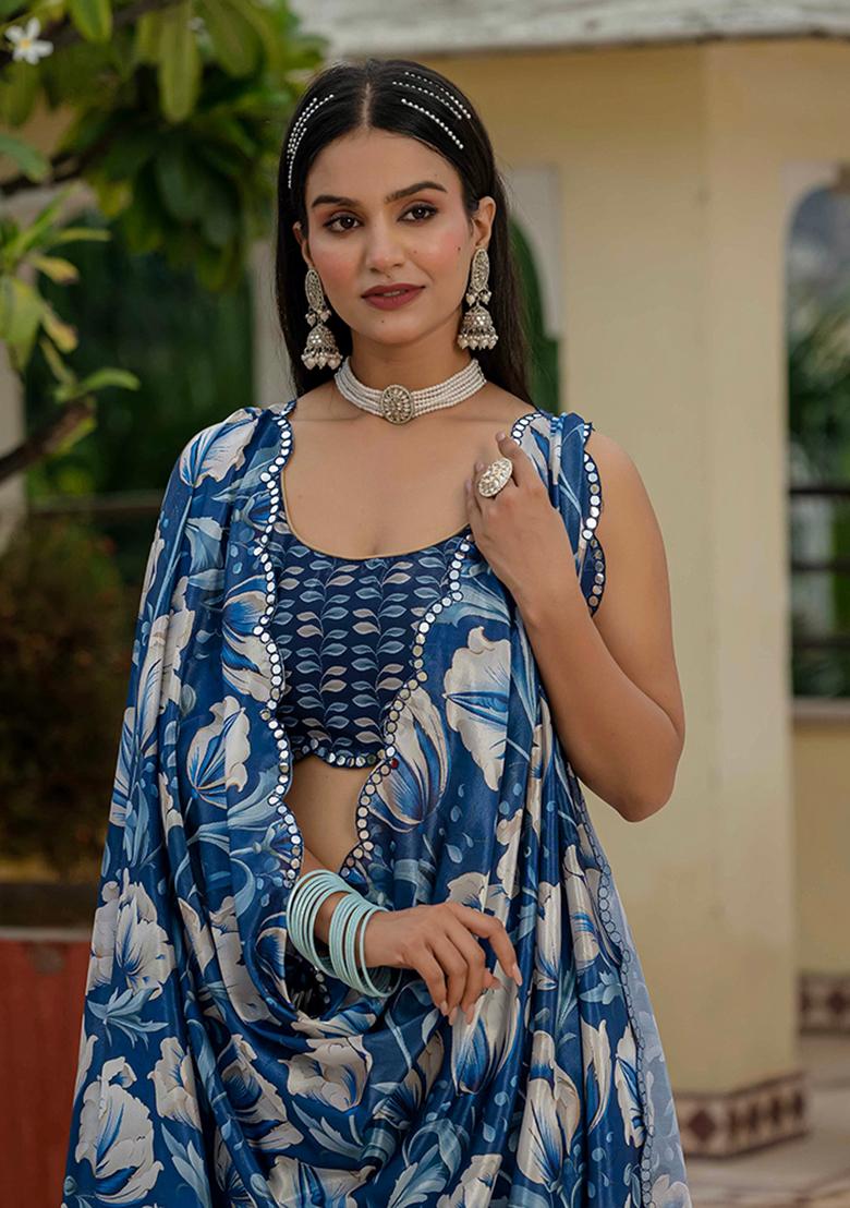 Navy Blue And Beige Mirror Work Silk Saree Set - Indya