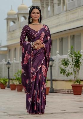 Wine Mirror Work Silk Saree Set