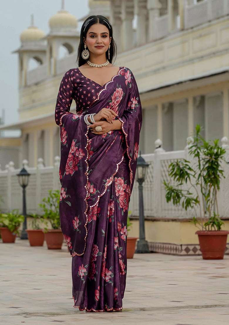Wine Mirror Work Chinon Blend Saree Set for Diwali and Festive Wear - Indya