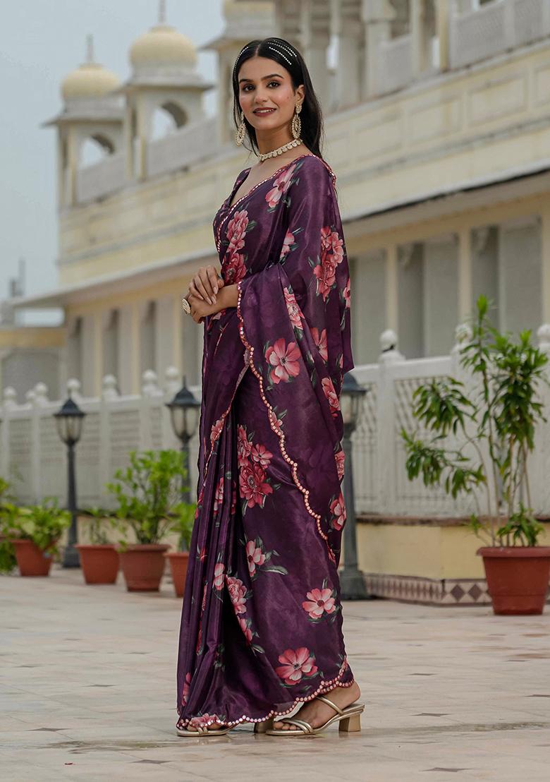 Wine Mirror Work Silk Saree Set - Indya
