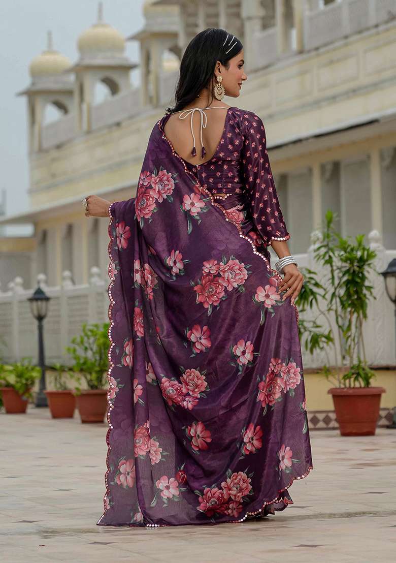 Wine Mirror Work Chinon Blend Saree Set for Diwali and Festive Wear - Indya
