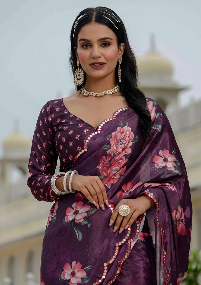 Wine Mirror Work Silk Saree Set - Indya