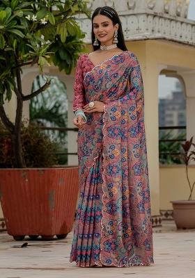 Rust Pink Mirror Work Silk Saree Set