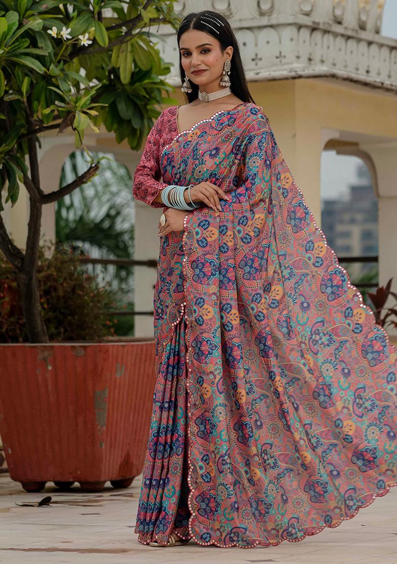 Rust Pink Mirror Work Silk Saree Set - Indya