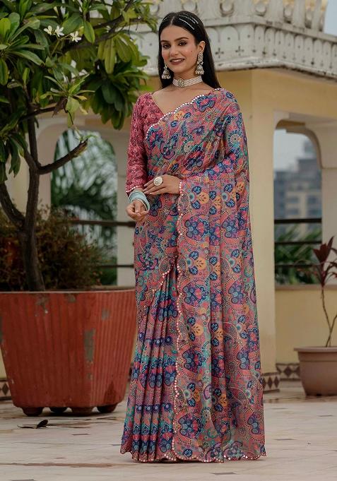 Rust Pink Mirror Work Silk Saree Set