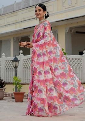 Pink Mirror Work Silk Saree Set