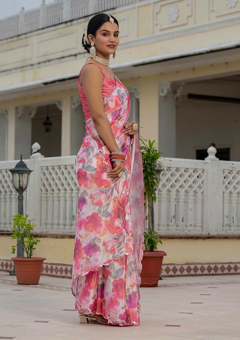 Pink Mirror Work Silk Saree Set - Indya