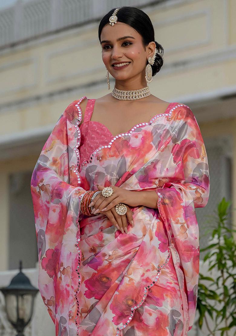 Pink Mirror Work Silk Saree Set - Indya