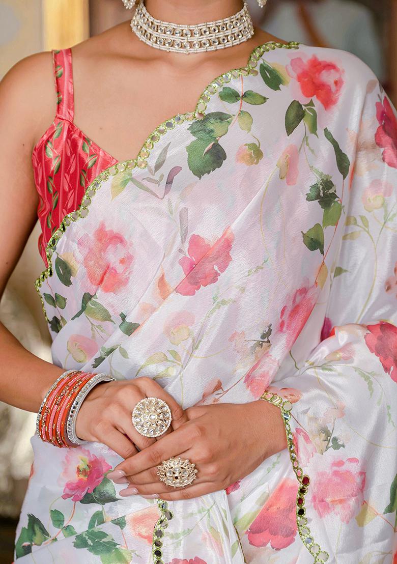 White And Red Mirror Work Silk Saree Set - Indya