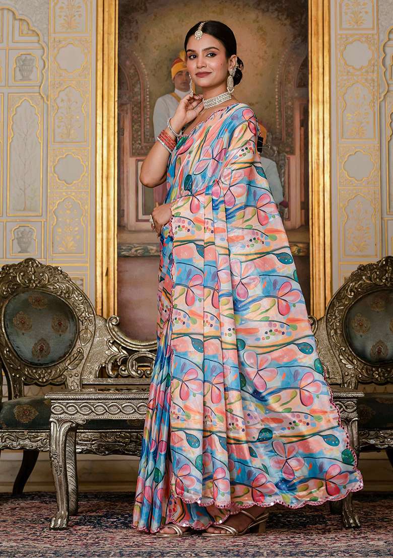 Sky Blue Chinon Blend Saree Set with Mirror Work for Diwali | Wedding & Festive Wear - Indya
