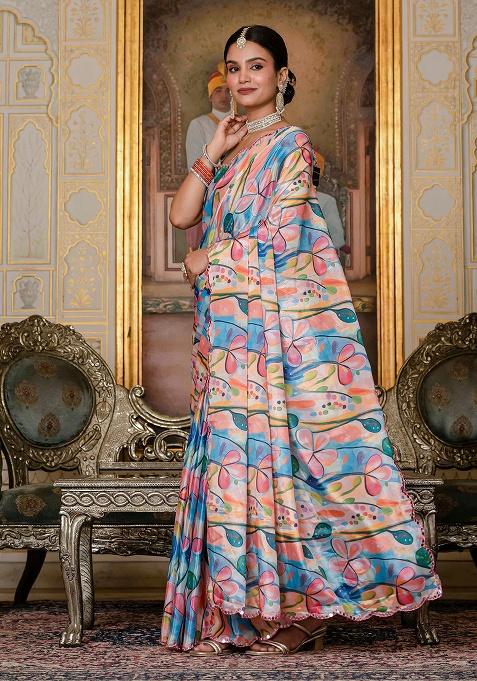 Sky Blue Mirror Work Silk Saree Set