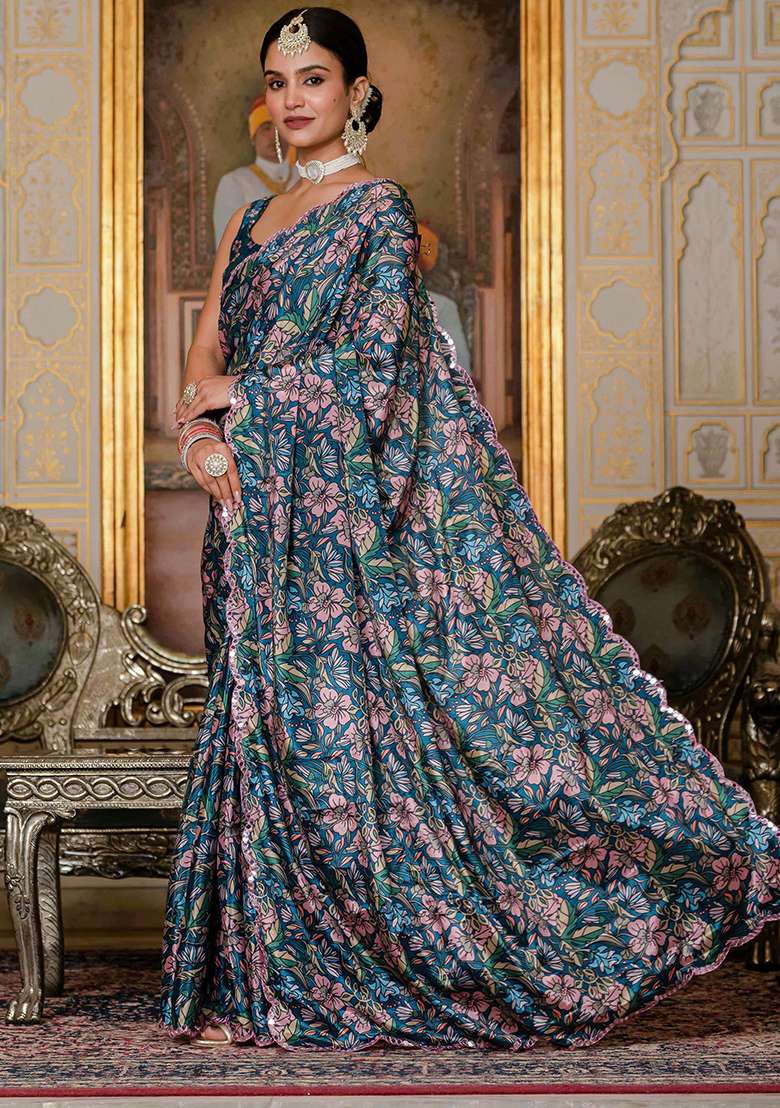 Teal Blue And Pink Chinon Blend Saree Set with Mirror Work for Diwali | Wedding & Festive Wear - Indya