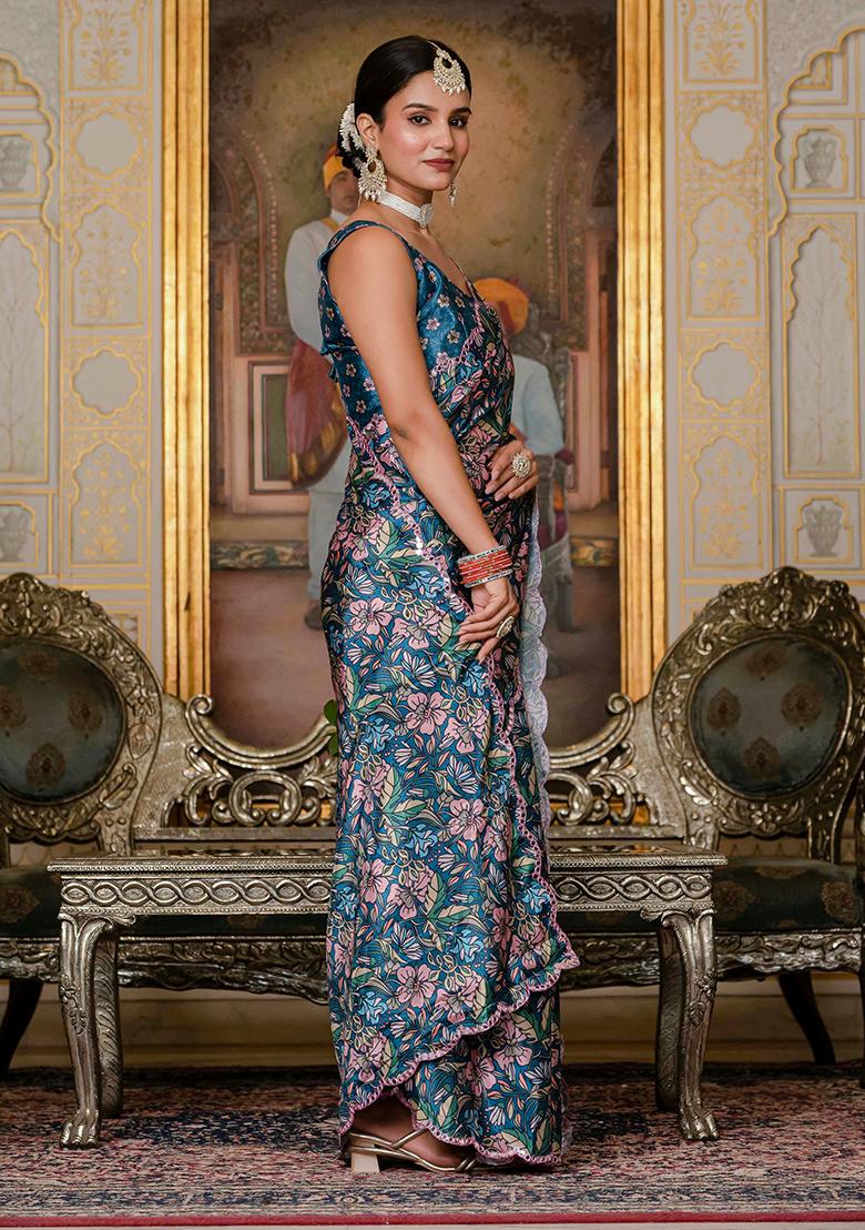 Teal Blue And Pink Mirror Work Silk Saree Set - Indya