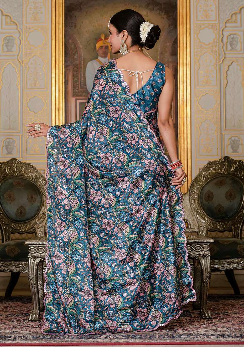 Teal Blue And Pink Chinon Blend Saree Set with Mirror Work for Diwali | Wedding & Festive Wear - Indya