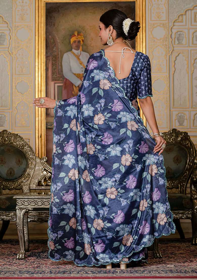 Navy Blue And Sky Blue Chinon Blend Saree Set with Mirror Work for Diwali | Wedding & Festive Wear - Indya