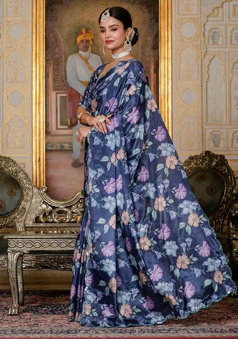 Navy Blue And Sky Blue Mirror Work Silk Saree Set